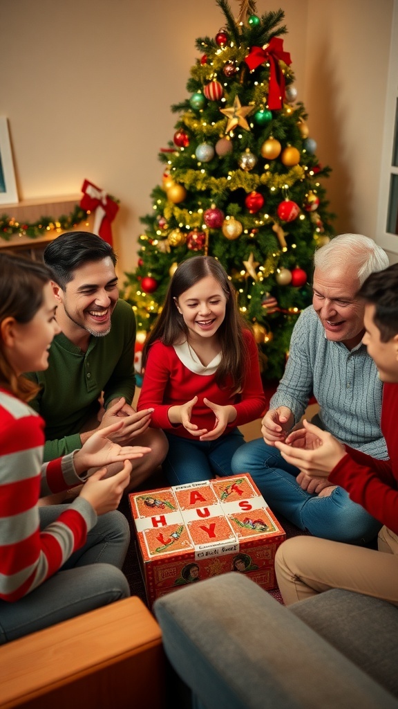 Fun Christmas Games for a Family of 5 A family of five enjoying Christmas games in a cozy living room with a decorated tree.